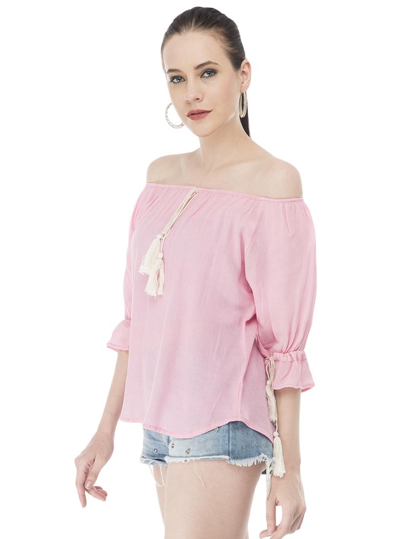 off shoulder contrast tassel tie up top - 16695795 - Standard Image - 1