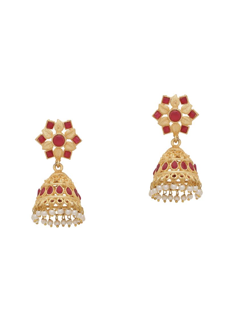 red  gold tone brass jhumka earring - 16700049 -  Zoom Image - 0