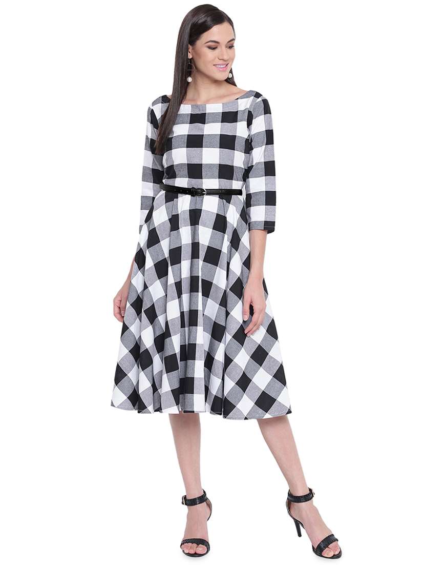 boat neck checkered a-line dress