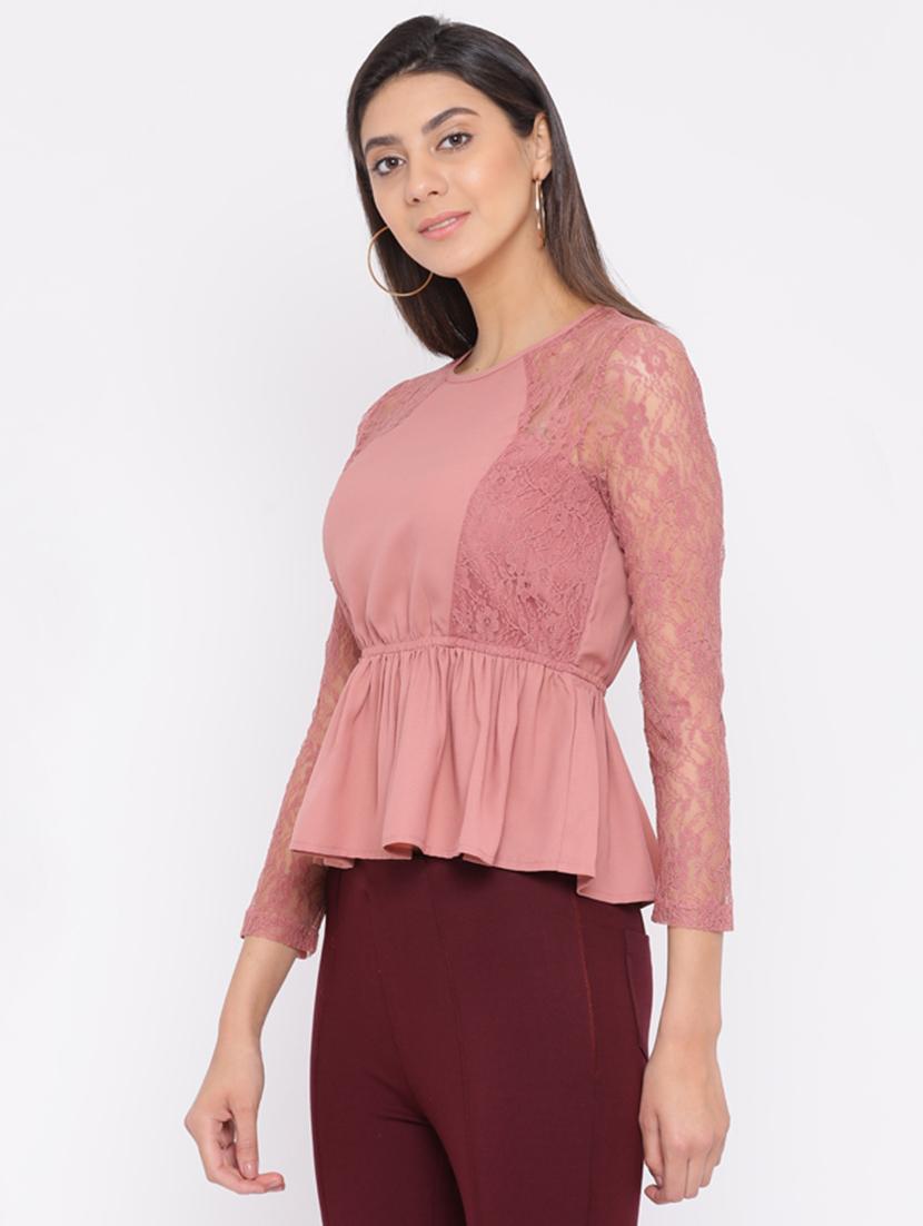 lace detail solid peplum top - 16700742 - Standard Image - 1