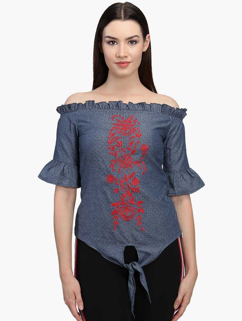 embroidered detail tie front top 