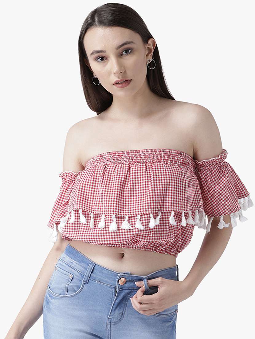 off shoulder gingham crop top 