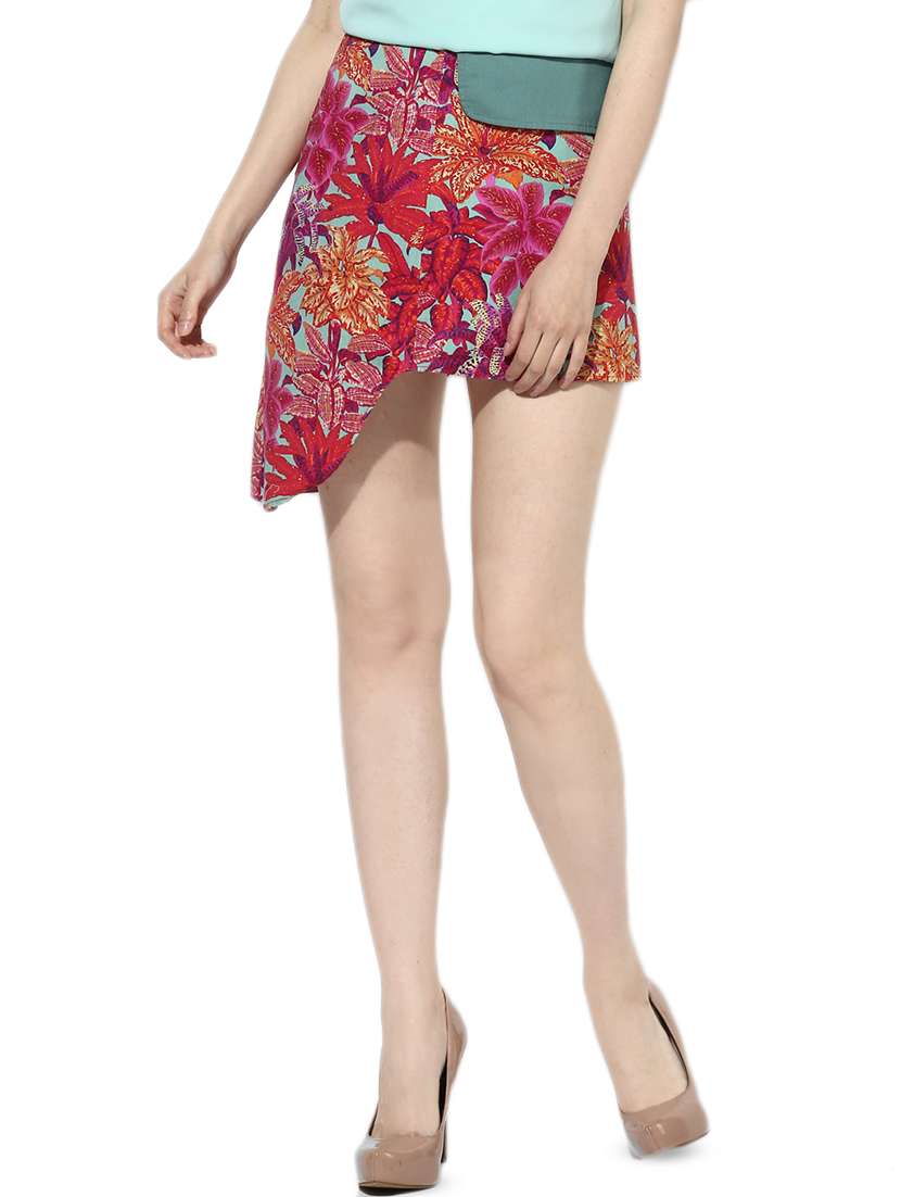 high rise floral asymmetric skirt