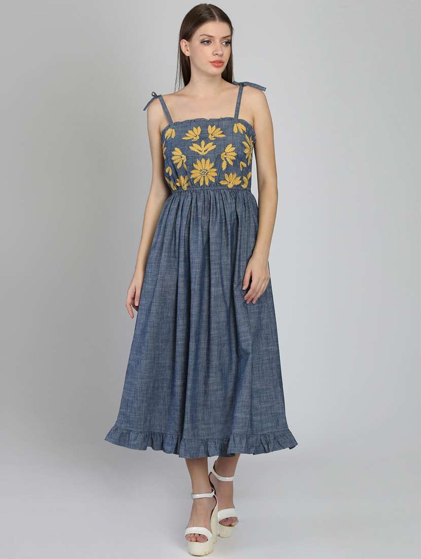 floral embroidered frilled hem a-line dress 