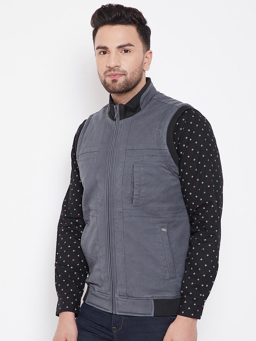 grey solid casual jacket - 16706046 - Standard Image - 1
