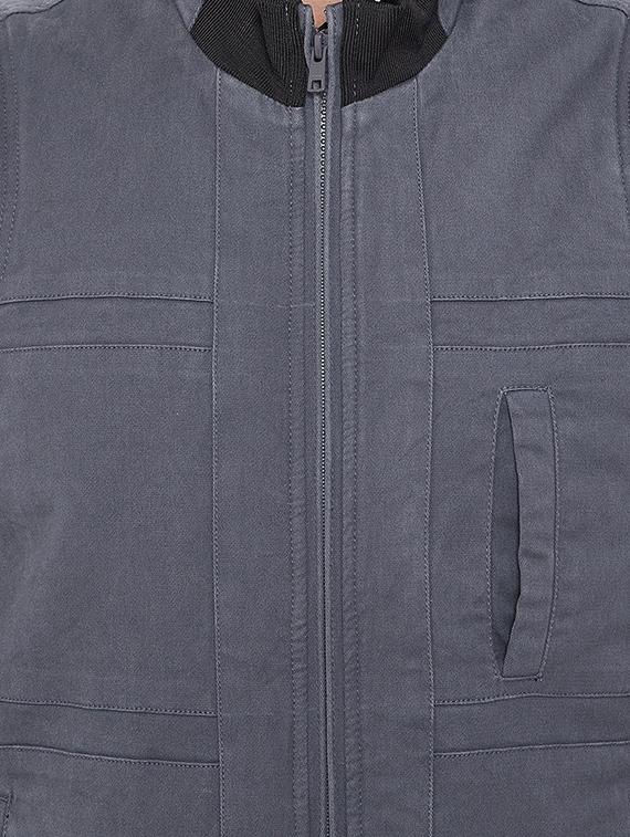 grey solid casual jacket - 16706046 - Standard Image - 4