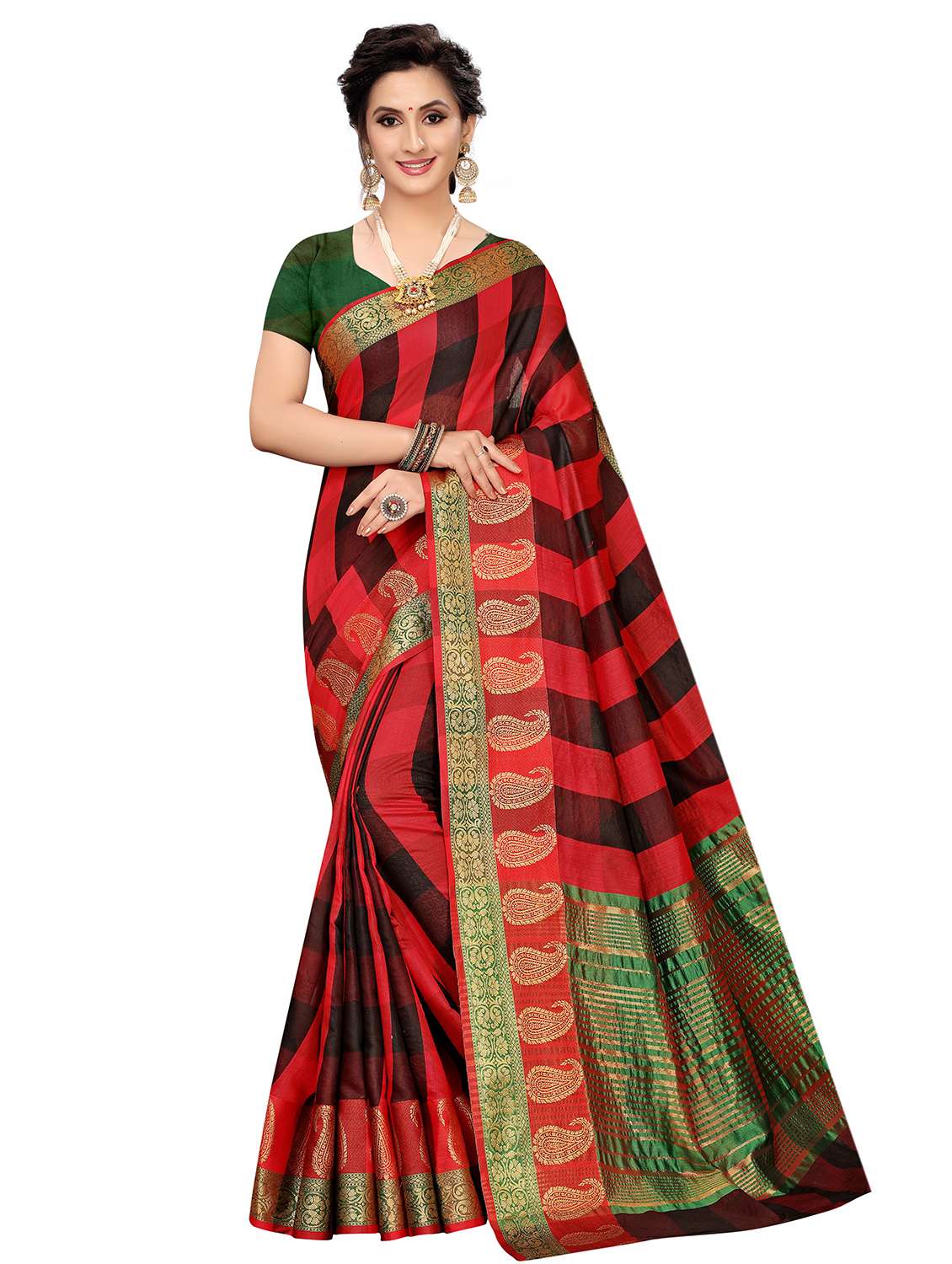 check printed bordered saree with blouse