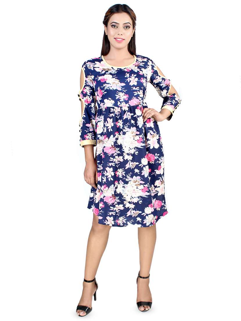 cut out sleeved floral a-line dress