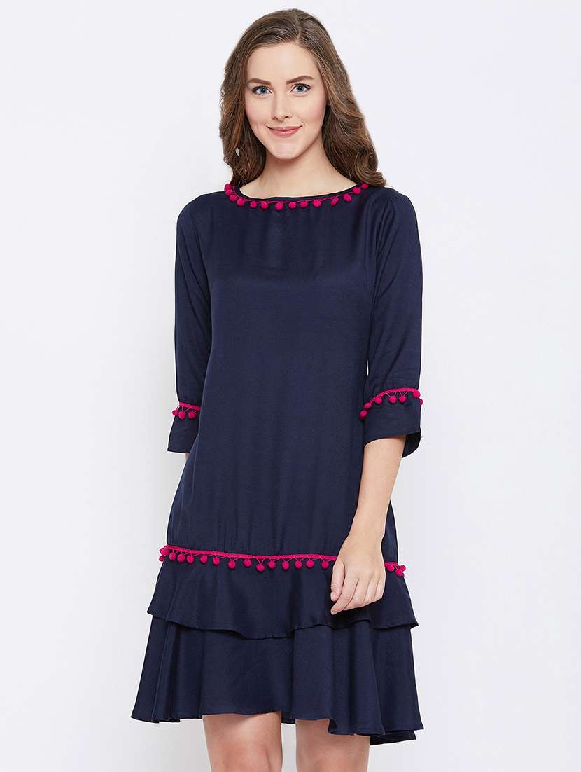 pom pom laced round neck a-line dress