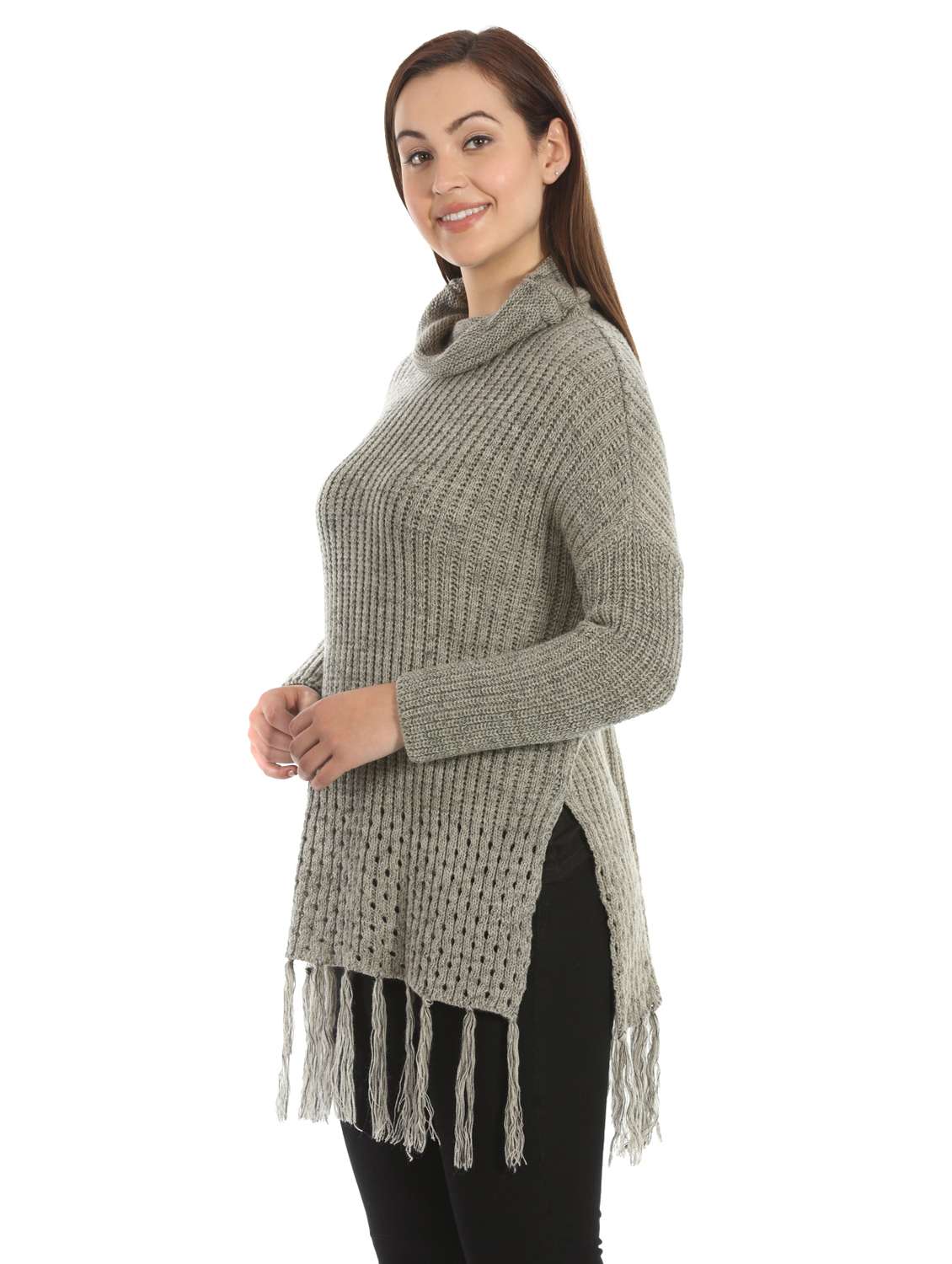 turtle neck fringed hem pullover - 16711846 -  Standard Image - 1