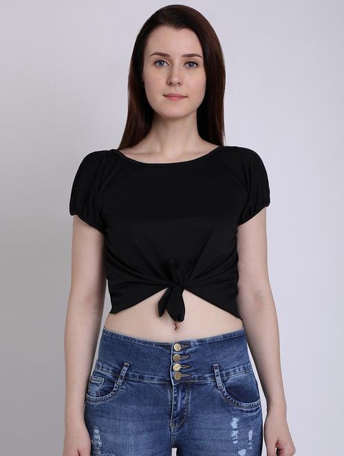tie knot slit sleeved crop top - 16711931 - Standard Image - 0