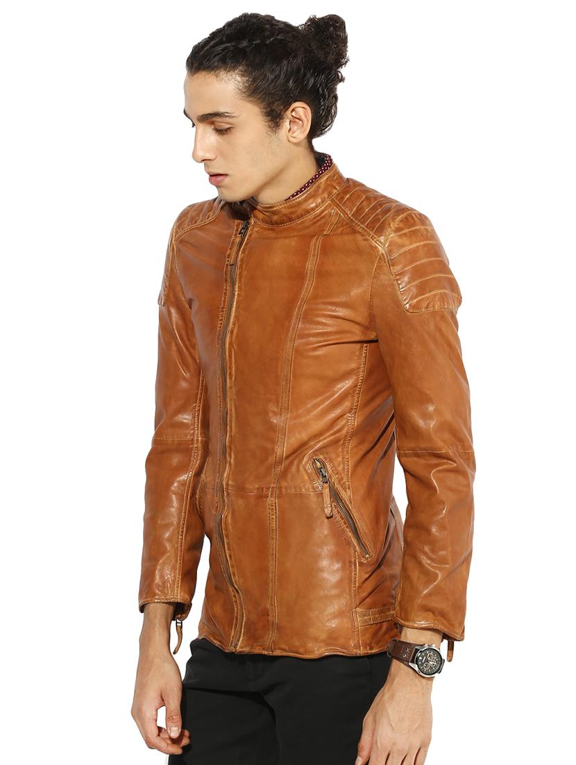 brown solid 100% lamb leather jacket - 16713631 - Standard Image - 1