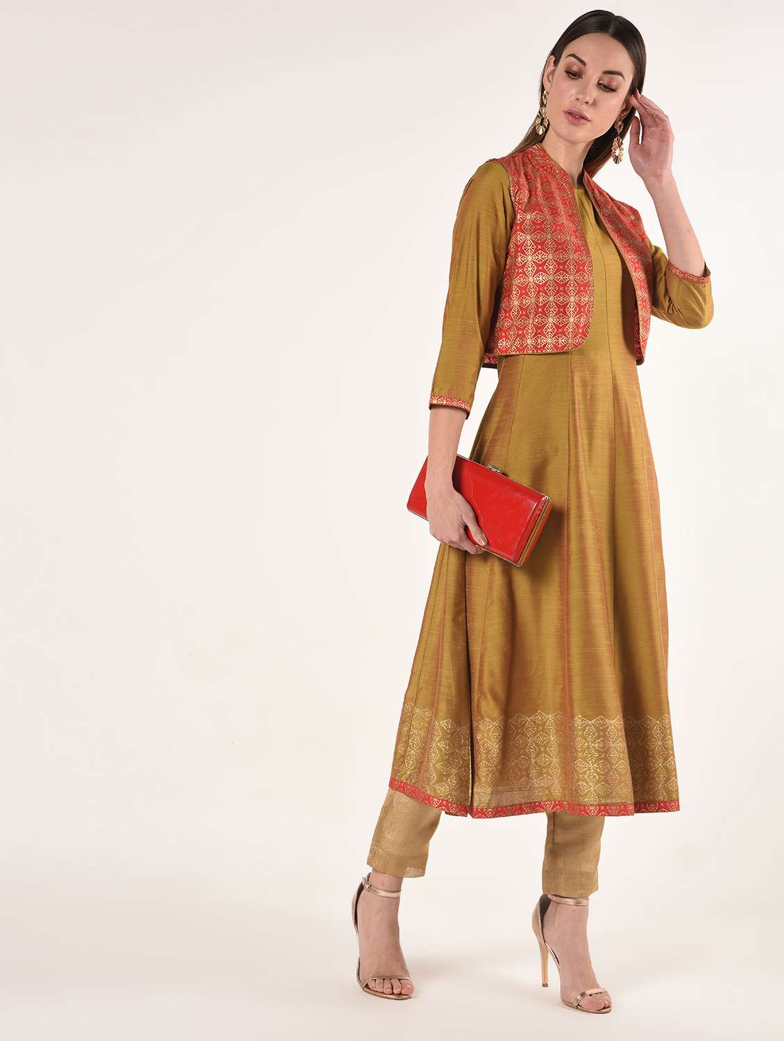 gold print silk anarkali kurta