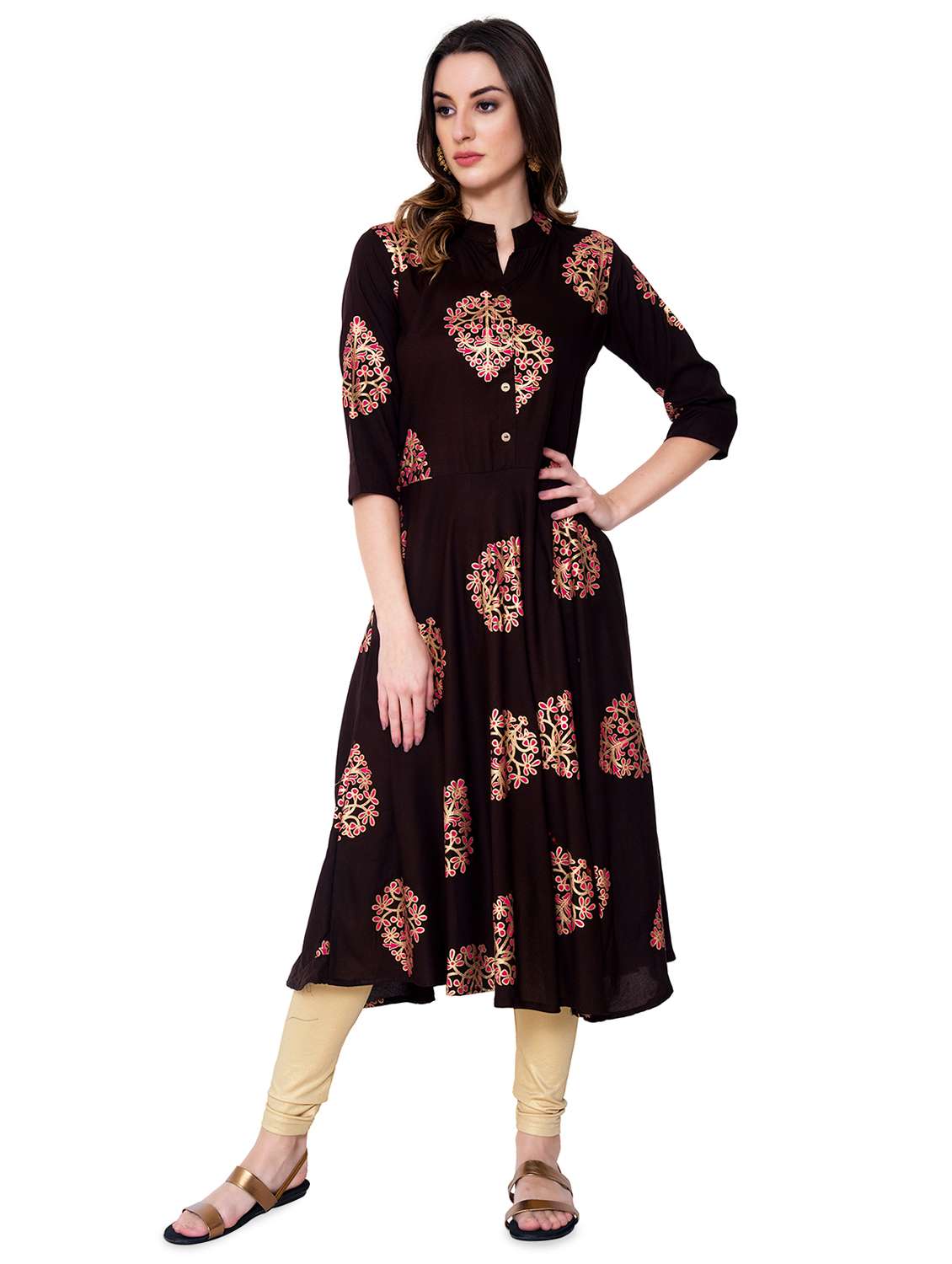 gold printed flared kurta