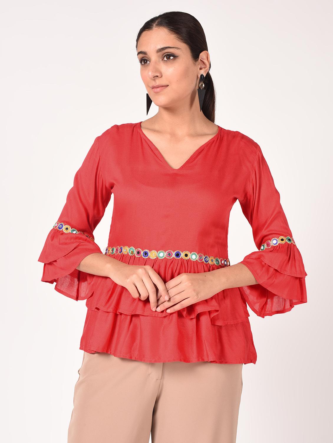 v neck mirror work layered top - 16721201 -  Standard Image - 1