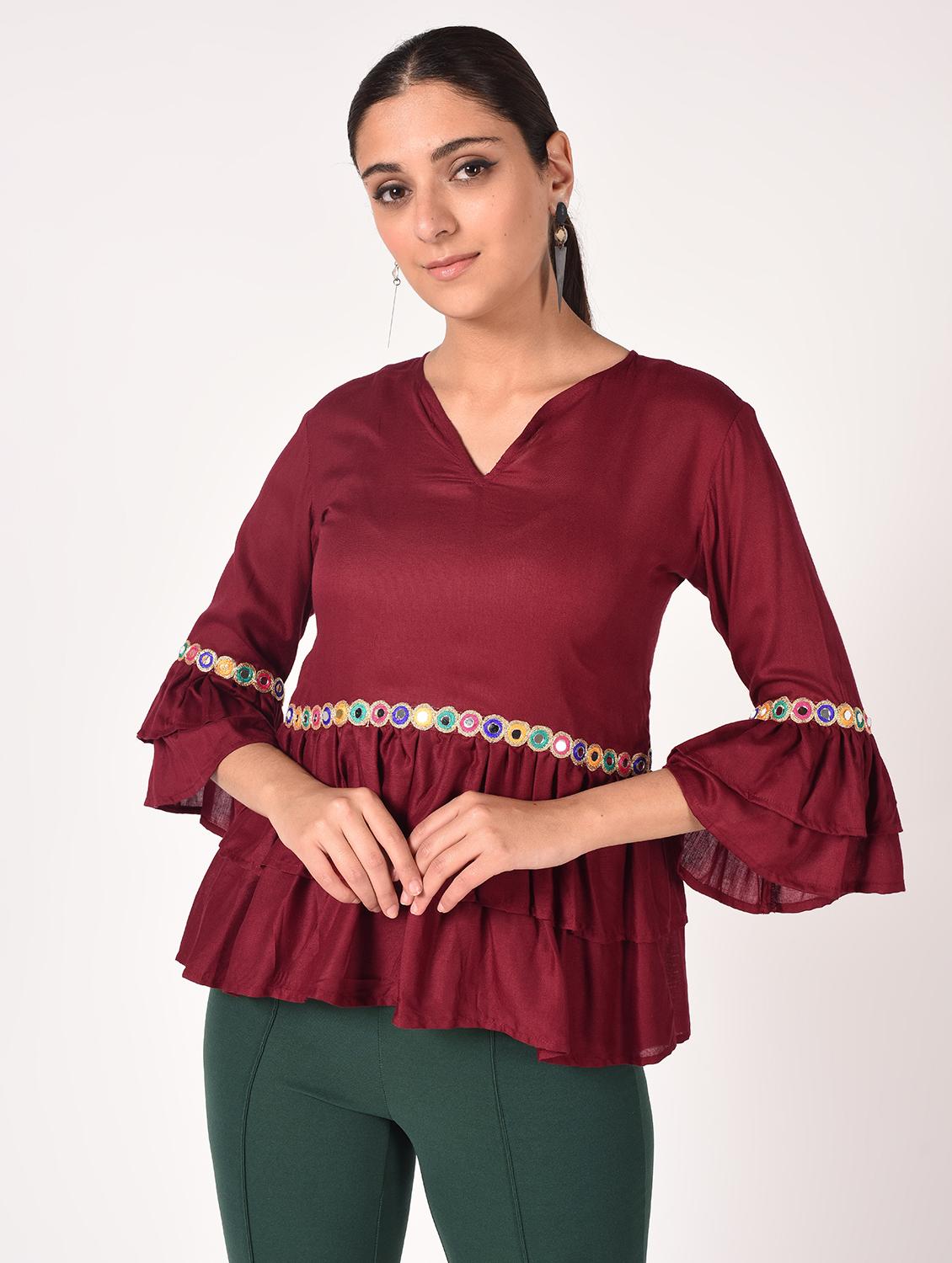 v neck mirror work layered top - 16721204 - Standard Image - 1