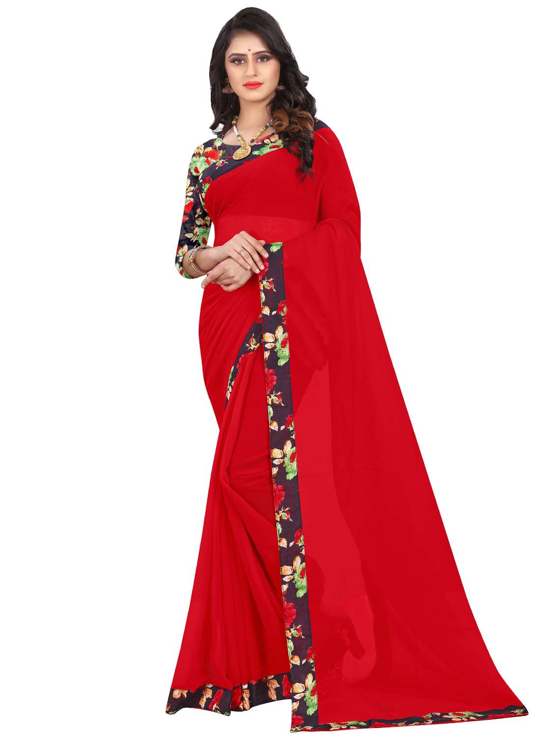 solid bordered saree with blouse - 16725936 - Zoom Image - 0