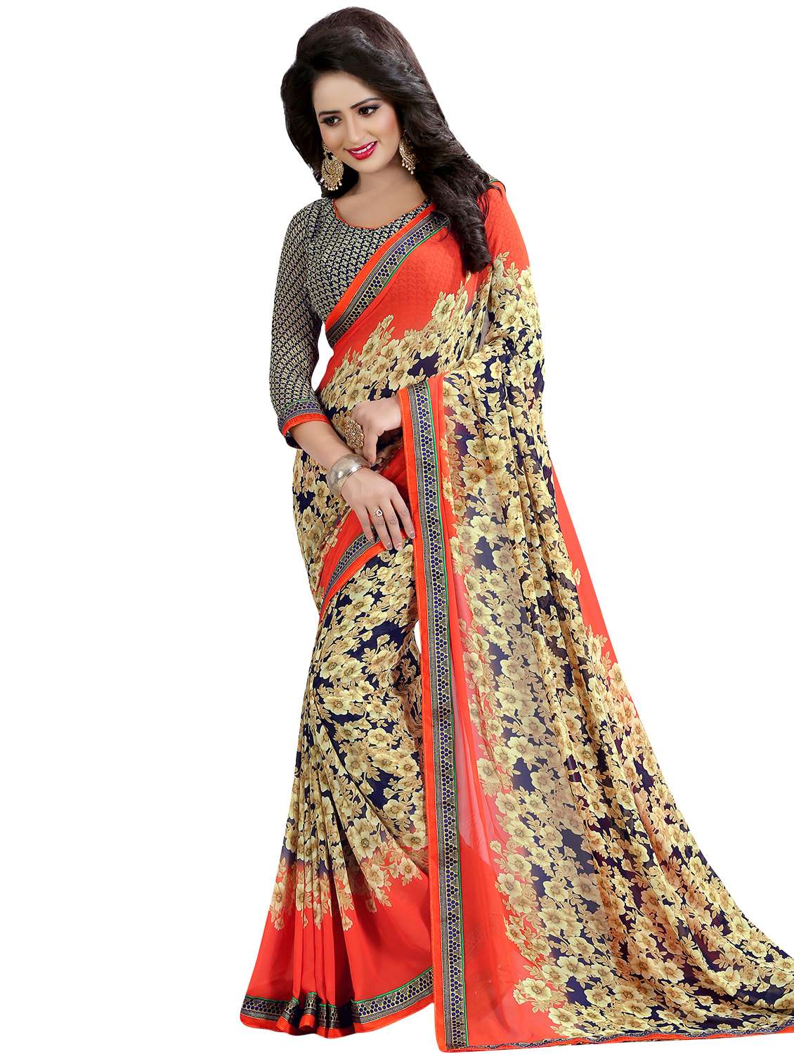 women's floral cream colored saree with blouse - 16728294 - Zoom Image - 0