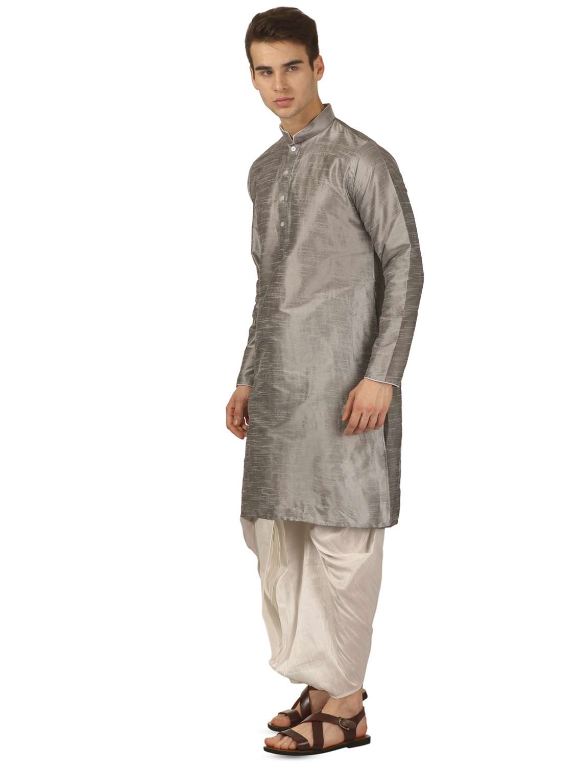 silver solid dhoti kurta set - 16735418 -  Standard Image - 1