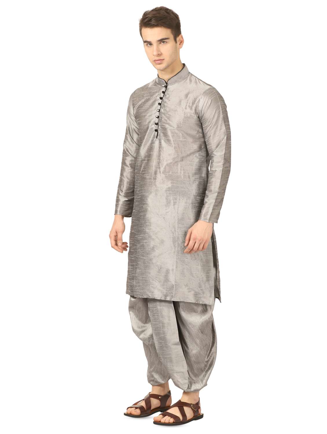 silver solid dhoti kurta set - 16735433 - Standard Image - 1