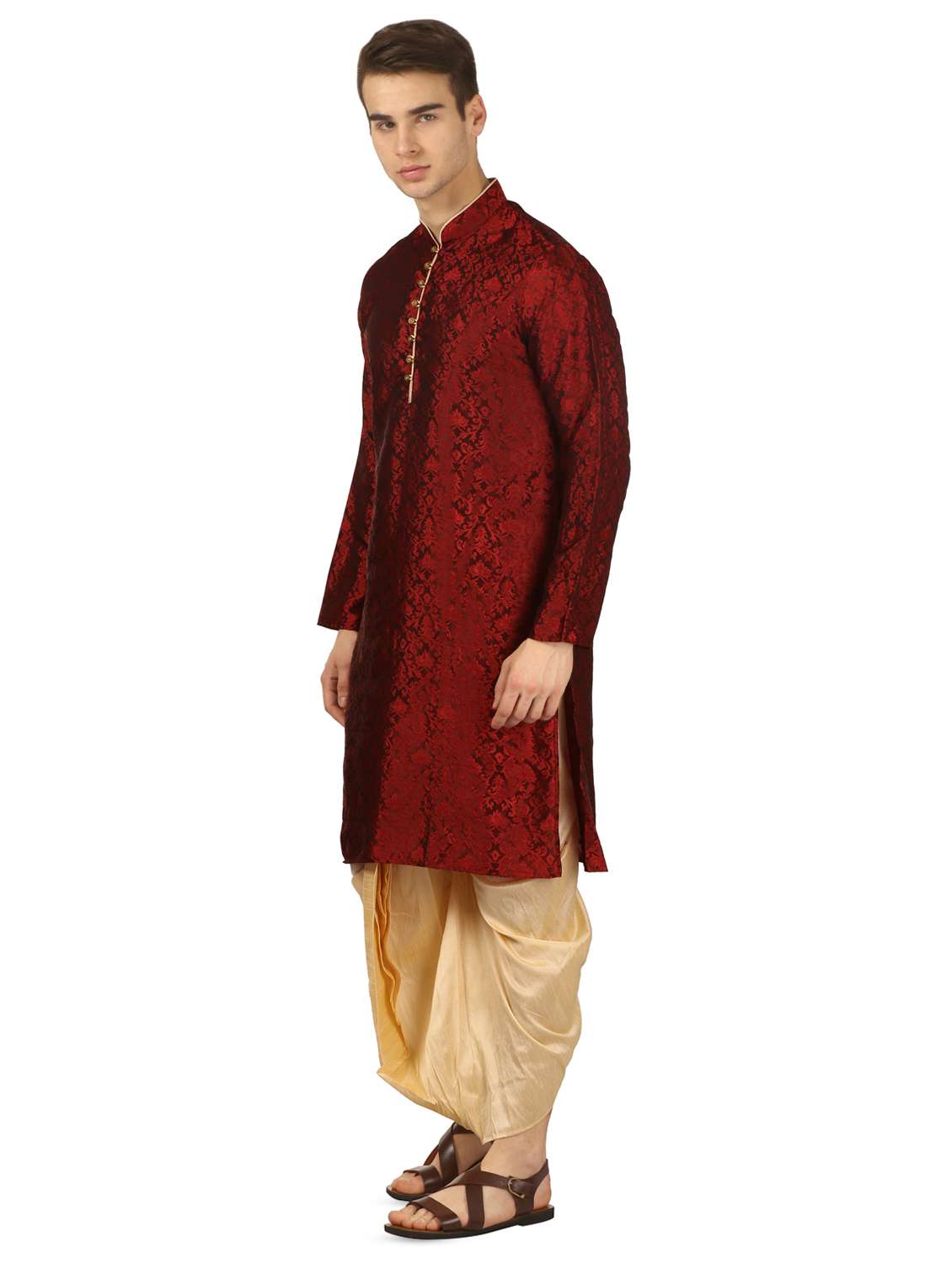 red pure silk brocade dhoti kurta set - 16735442 -  Standard Image - 1