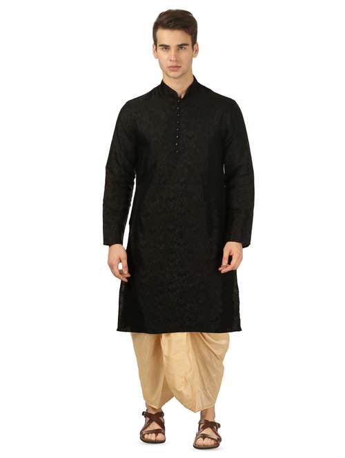 black pure silk brocade dhoti kurta set - 16735443 - Standard Image - 0