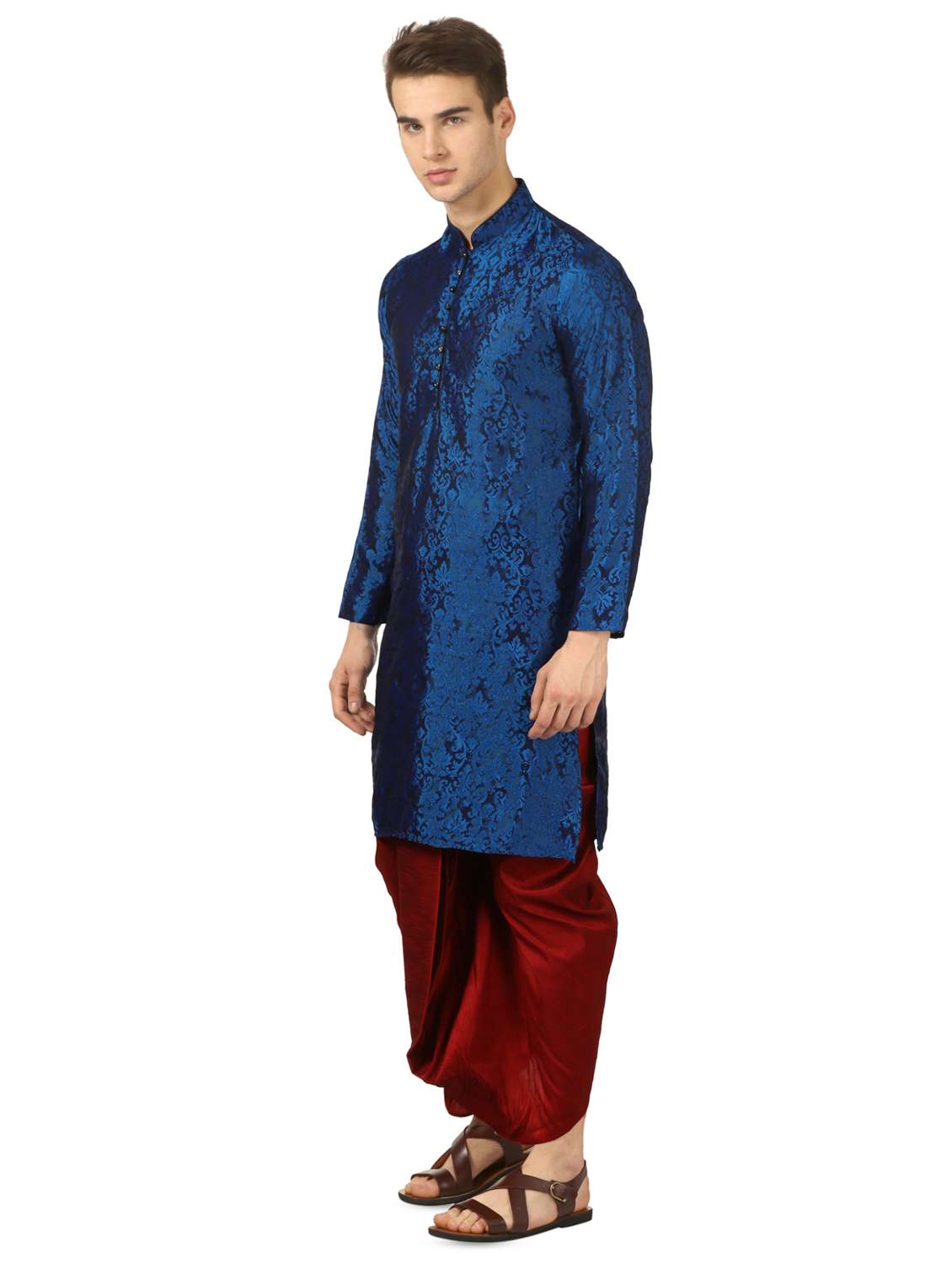 blue pure silk jacquard dhoti kurta set - 16735447 - Standard Image - 1