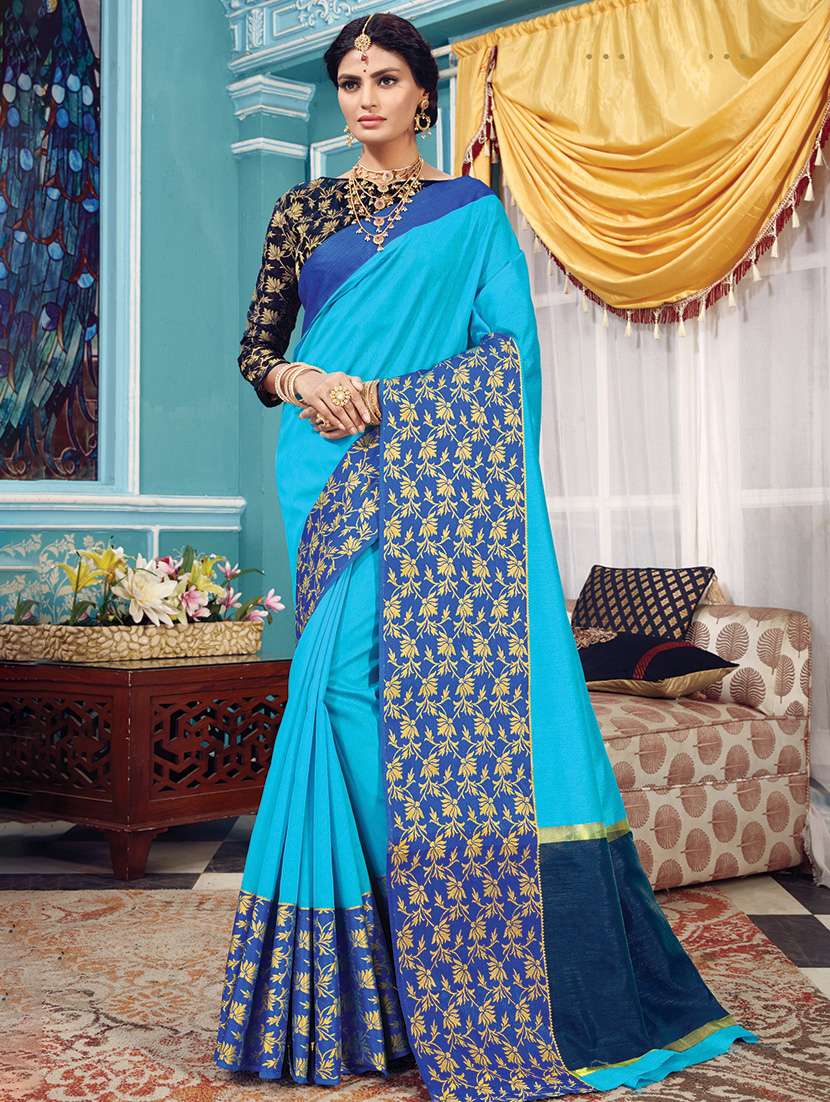 women's self design light blue colored saree with blouse