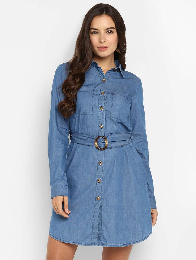 curved hem belted denim shirt dress
