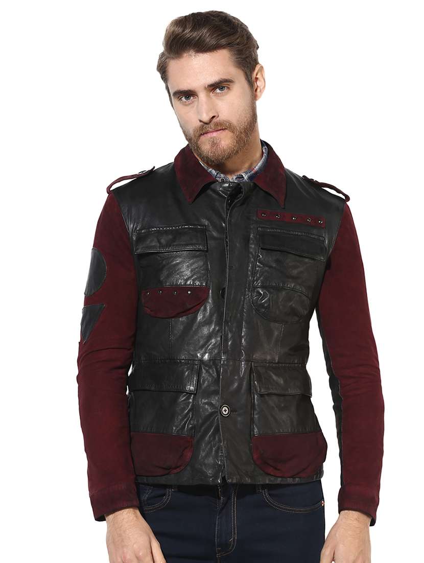 black color block 100% lamb leather jacket