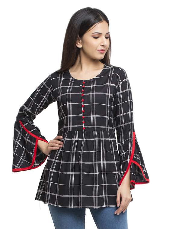 round neck bell sleeved checkered top