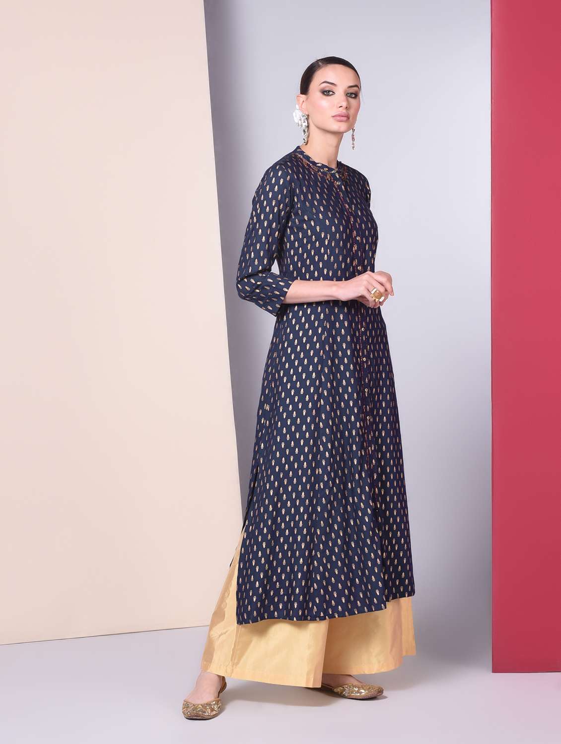 gold print a-line kurta