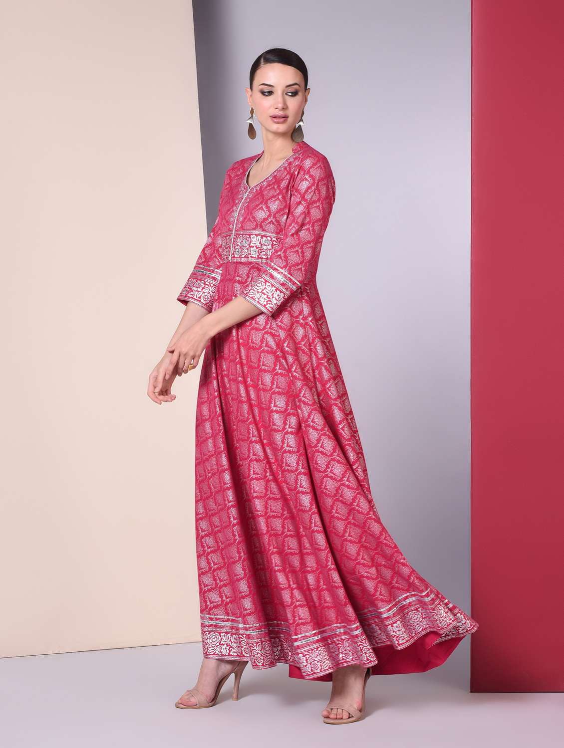 gold print flared kurta