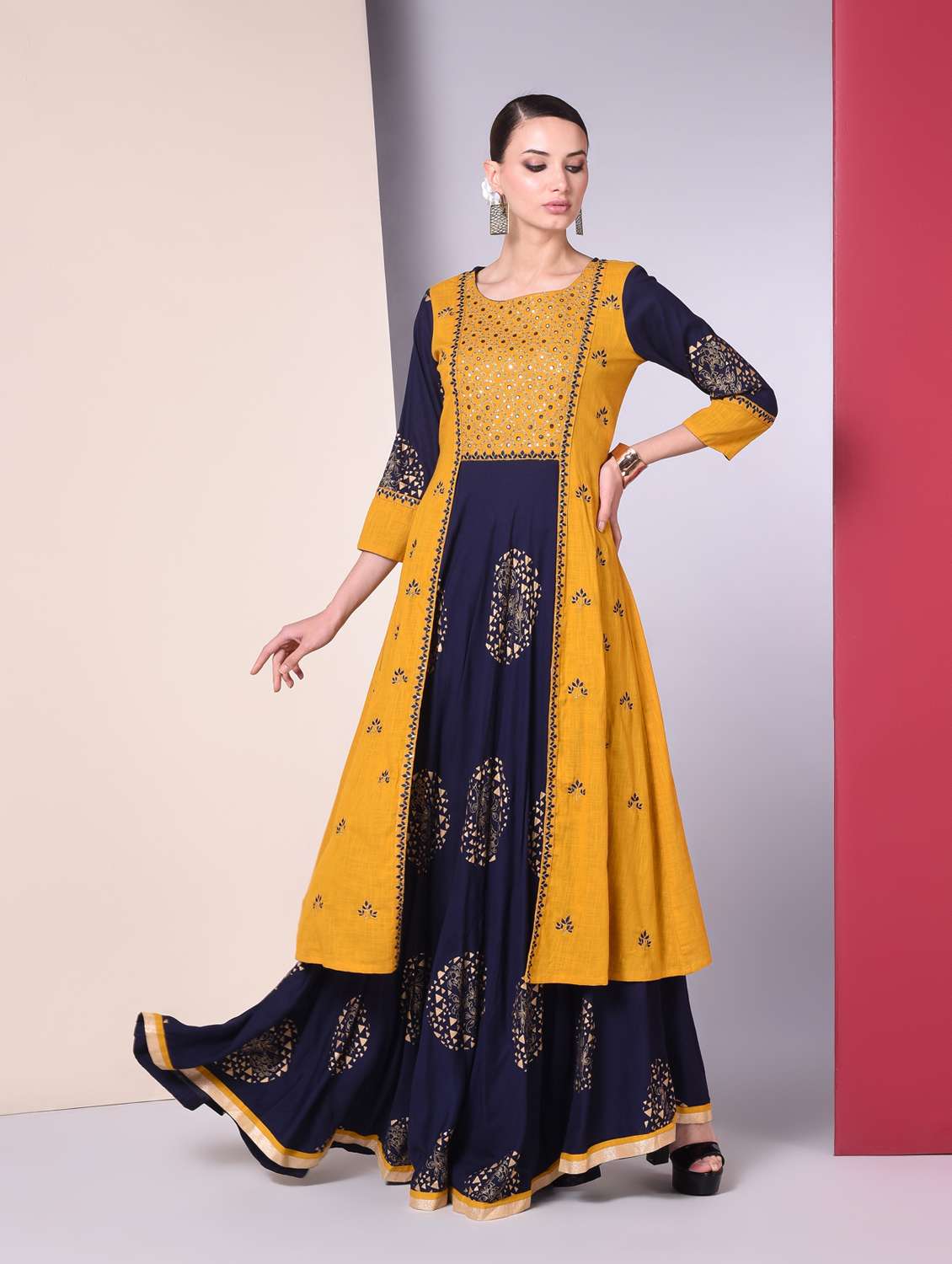 gold print contrast color block kurta