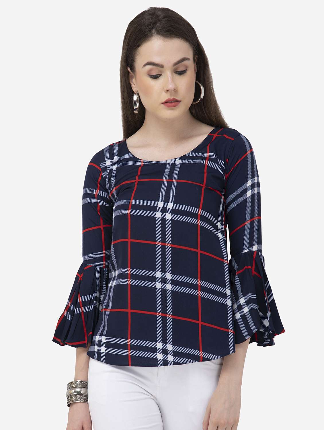 round neck bell sleeved plaid top