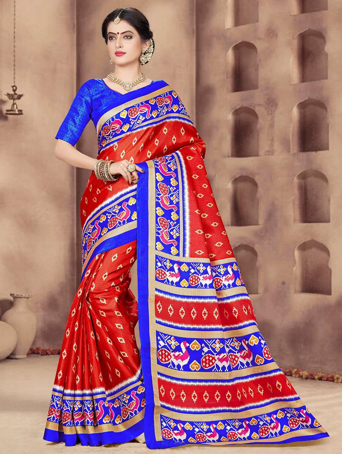 women's ikat red colored saree with blouse