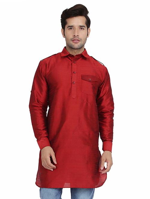 red solid pathani kurta - 16750429 -  Standard Image - 0