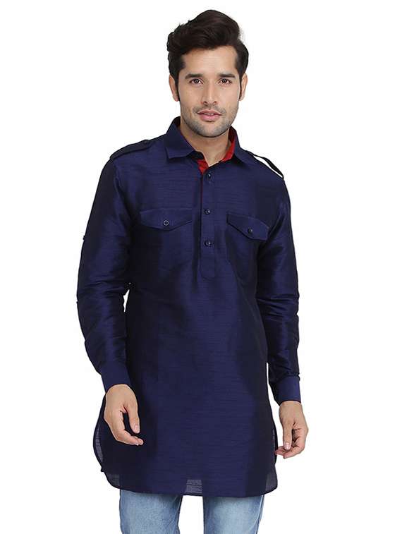 blue solid pathani kurta
