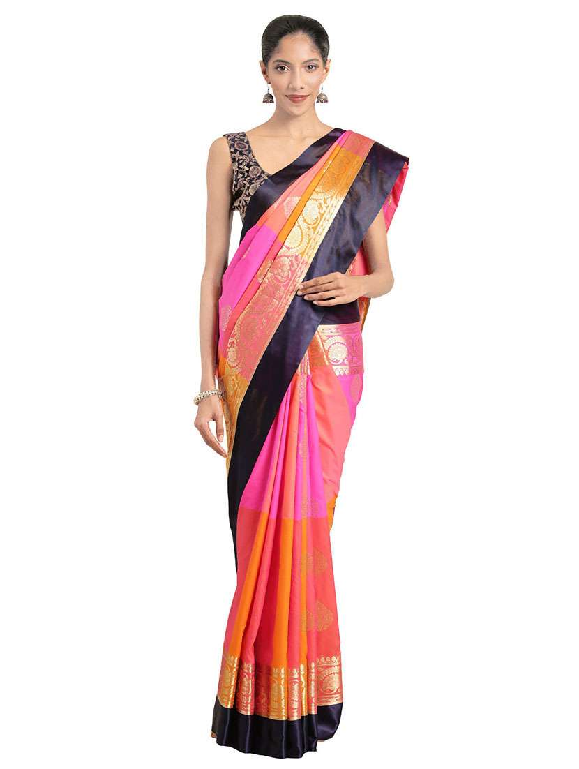 multi colored silk blend kanjivaram saree with blouse
