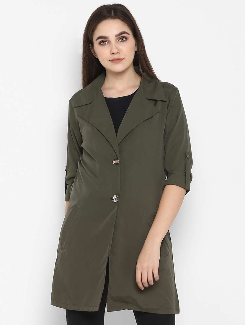 green lapel neck solid trench coat 