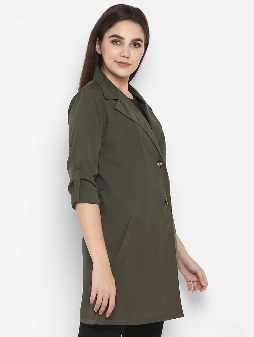 green lapel neck solid trench coat - 16754214 - Standard Image - 1