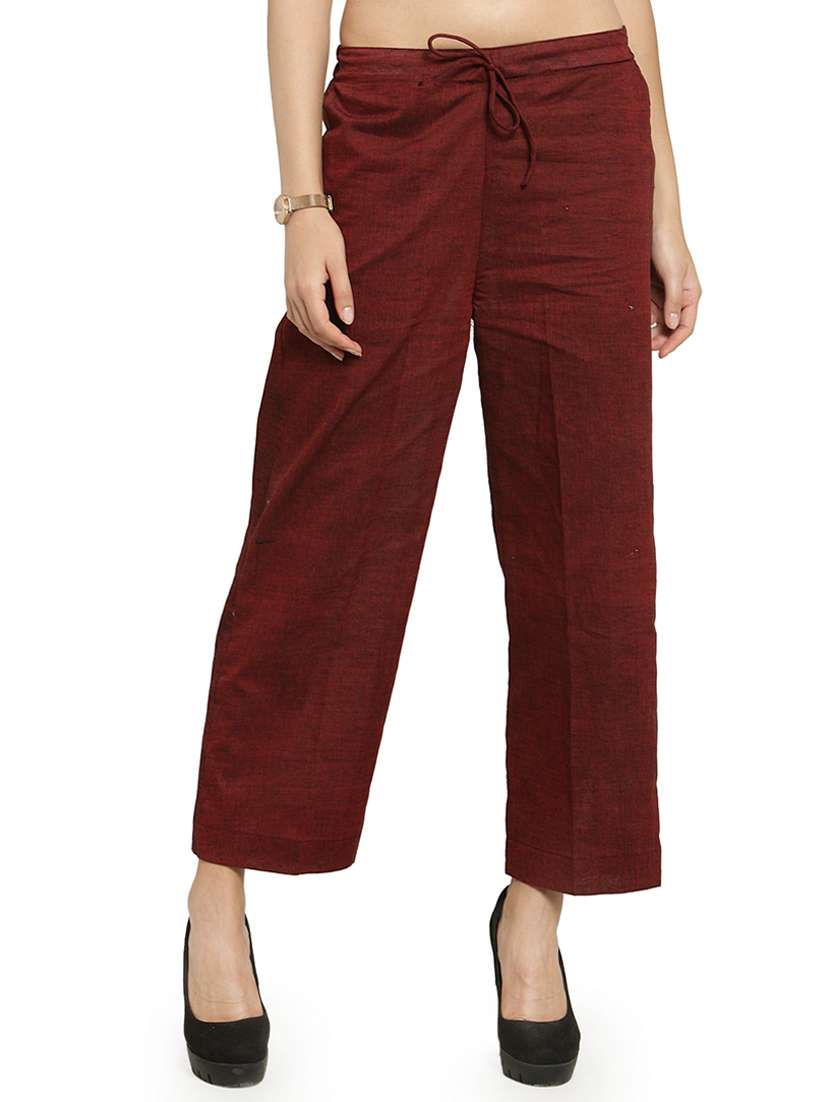 women solids calf length tailored pants