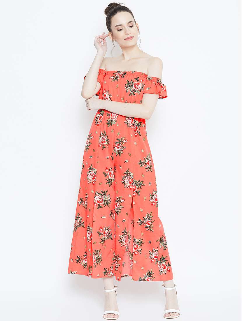 off shoulder floral full leg jumpsuit