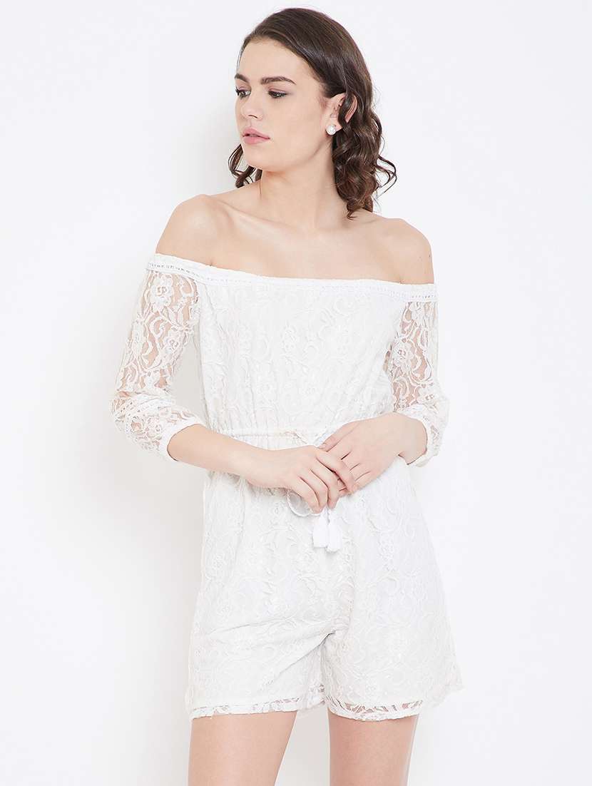 tie front off shoulder laced jumpsuit