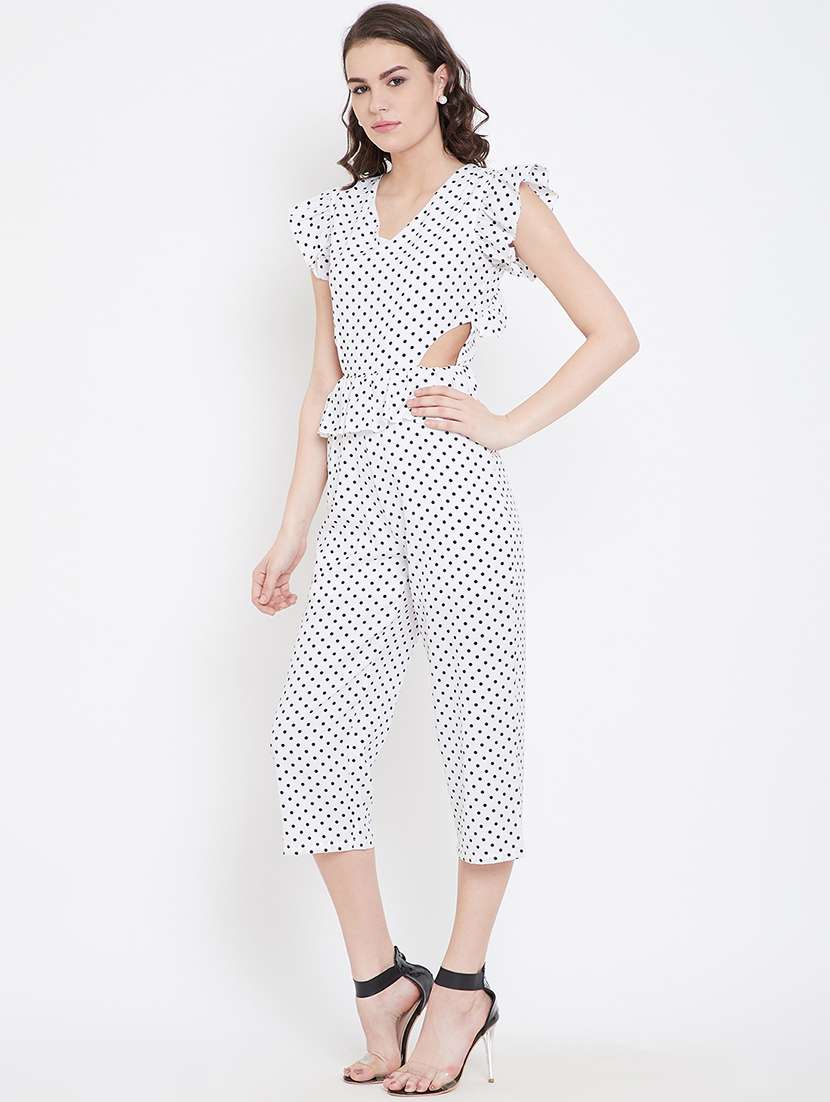 frill trim cut out detail polka dot jumpsuit - 16764184 -  Standard Image - 1