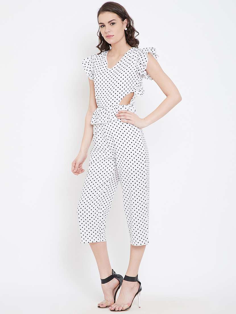 frill trim cut out detail polka dot jumpsuit - 16764184 -  Standard Image - 1