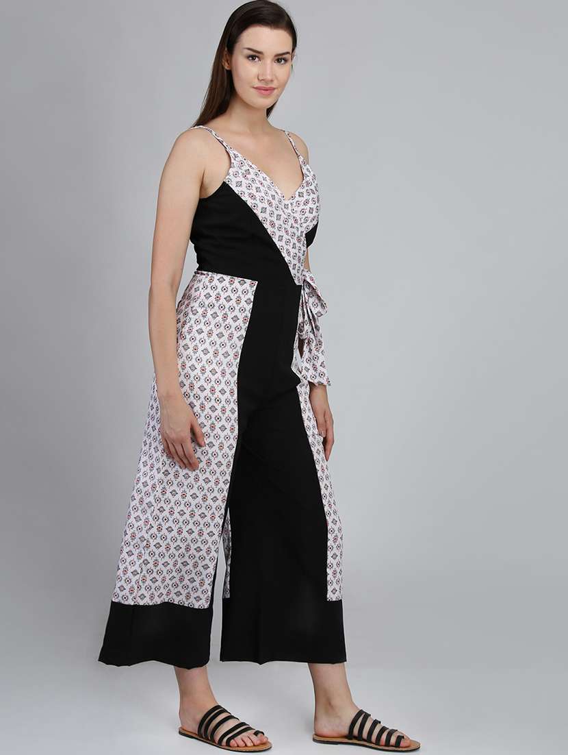 tie front contrast panel jumpsuit - 16764191 -  Standard Image - 1