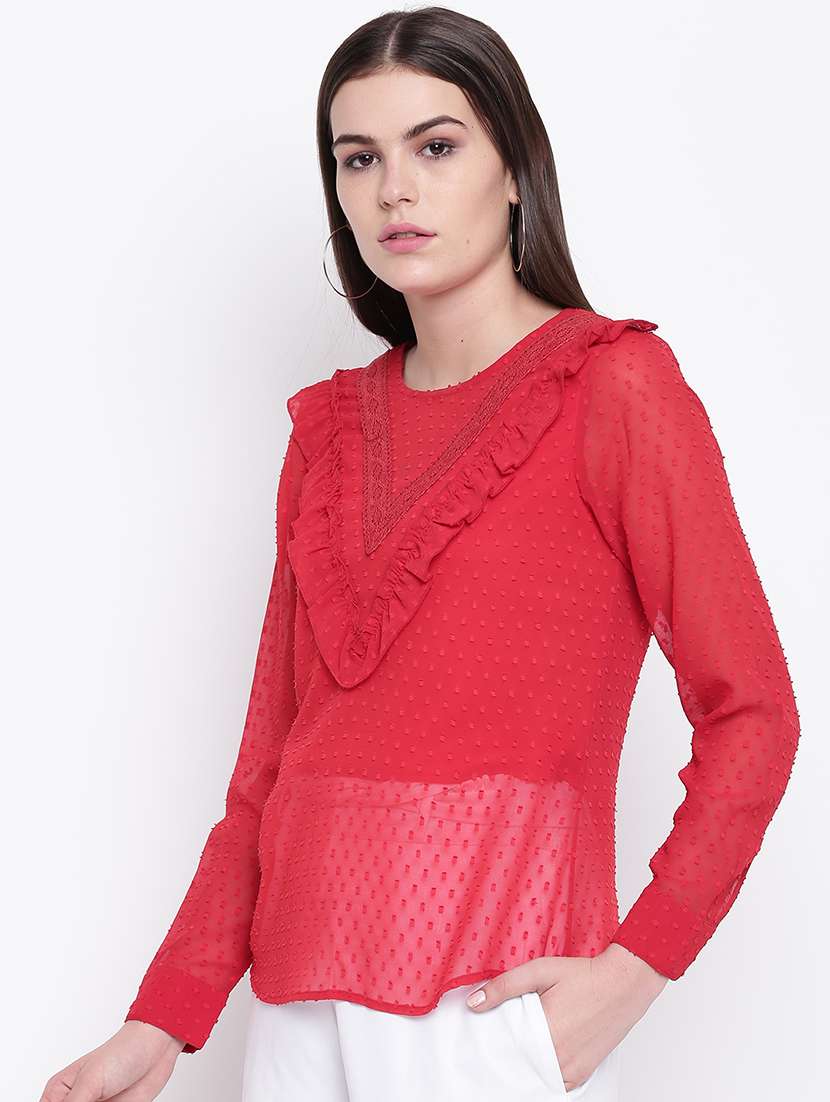 women's ruffle round neck top - 16764236 -  Standard Image - 1