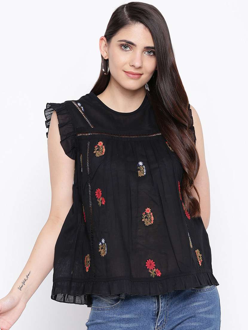lace insert embroidered detail top 