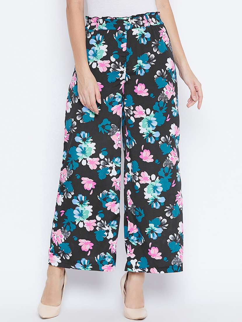 floral printed flat front wide leg trouser